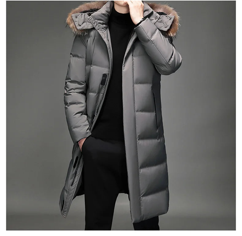 Luxury Long Down Jacket Men's Winter Korean Style Detachable Fur Collar Cap White Duck Down Warm Coat Brand Lightweight Parka