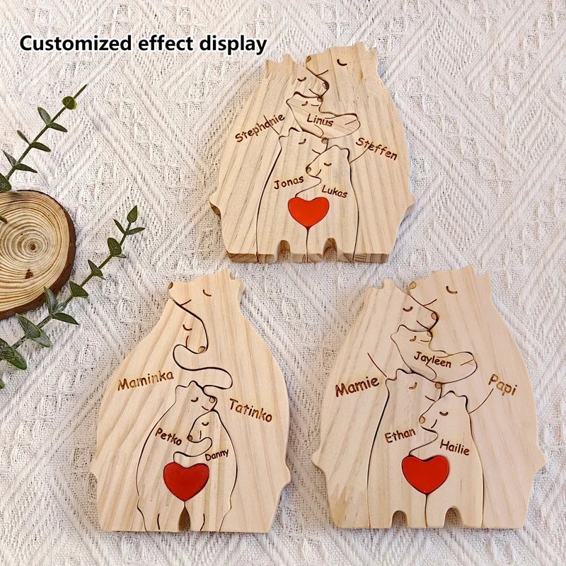 Art Wooden Bear Family Puzzle Personalized Name Custom Home Decor Christmas Heartwarming Gift for Parents