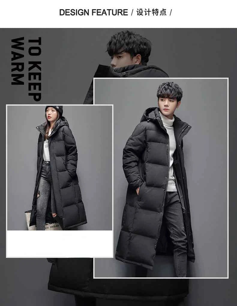 Men's Winter Long Down Jacket Brand Trendy Solid Color Hooded White Duck Down Parka Women Outdoor Ski Clothes Lightweight Coat