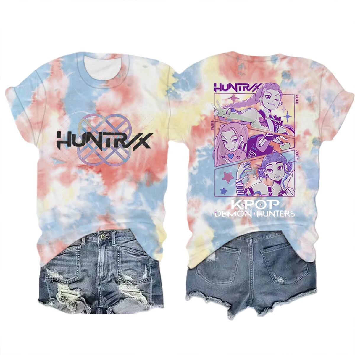 Anime K-Pop Demon Hunters T-shirt Tops Tie-dye Men's Women's Clothing Round Neck Short Sleeve T-shirt Street Style T-shirts