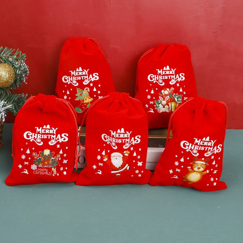 10/1pcs Merry Christmas Velvet Bags Candy Snack Drawstring Pouch Wrapping Bag Xmas Gifts Bracelet Jewelry Packaging Storage Bags - YourGiftIdeasUK