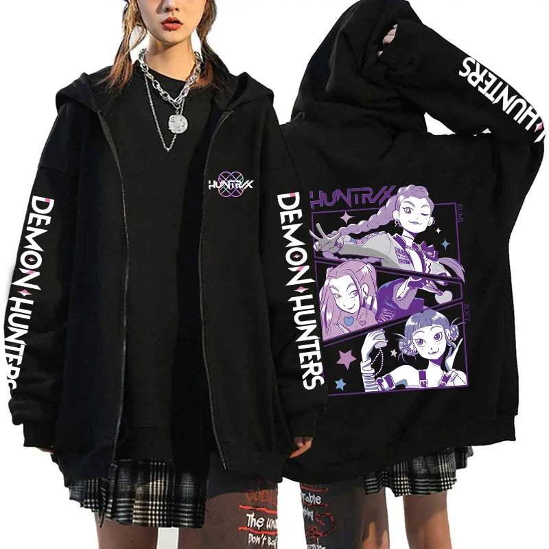 Hot Kpop Demon Hunters Mira Rumi Zoey Print Hoodie Fashion Harajuku Zipper Hoodies Women Men Sweatshirt Long Sleeve Casual Tops