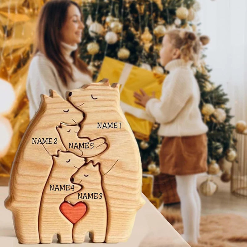 Art Wooden Bear Family Puzzle Personalized Name Custom Home Decor Christmas Heartwarming Gift for Parents