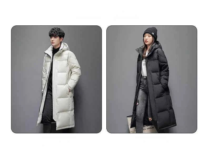 Men's Winter Long Down Jacket Brand Trendy Solid Color Hooded White Duck Down Parka Women Outdoor Ski Clothes Lightweight Coat