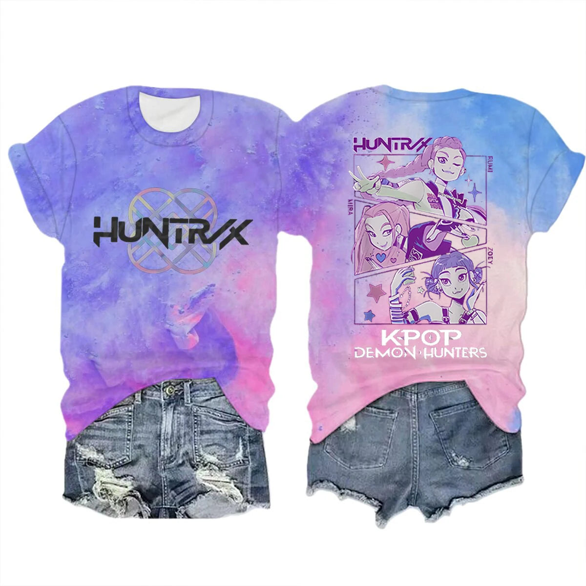 Anime K-Pop Demon Hunters T-shirt Tops Tie-dye Men's Women's Clothing Round Neck Short Sleeve T-shirt Street Style T-shirts