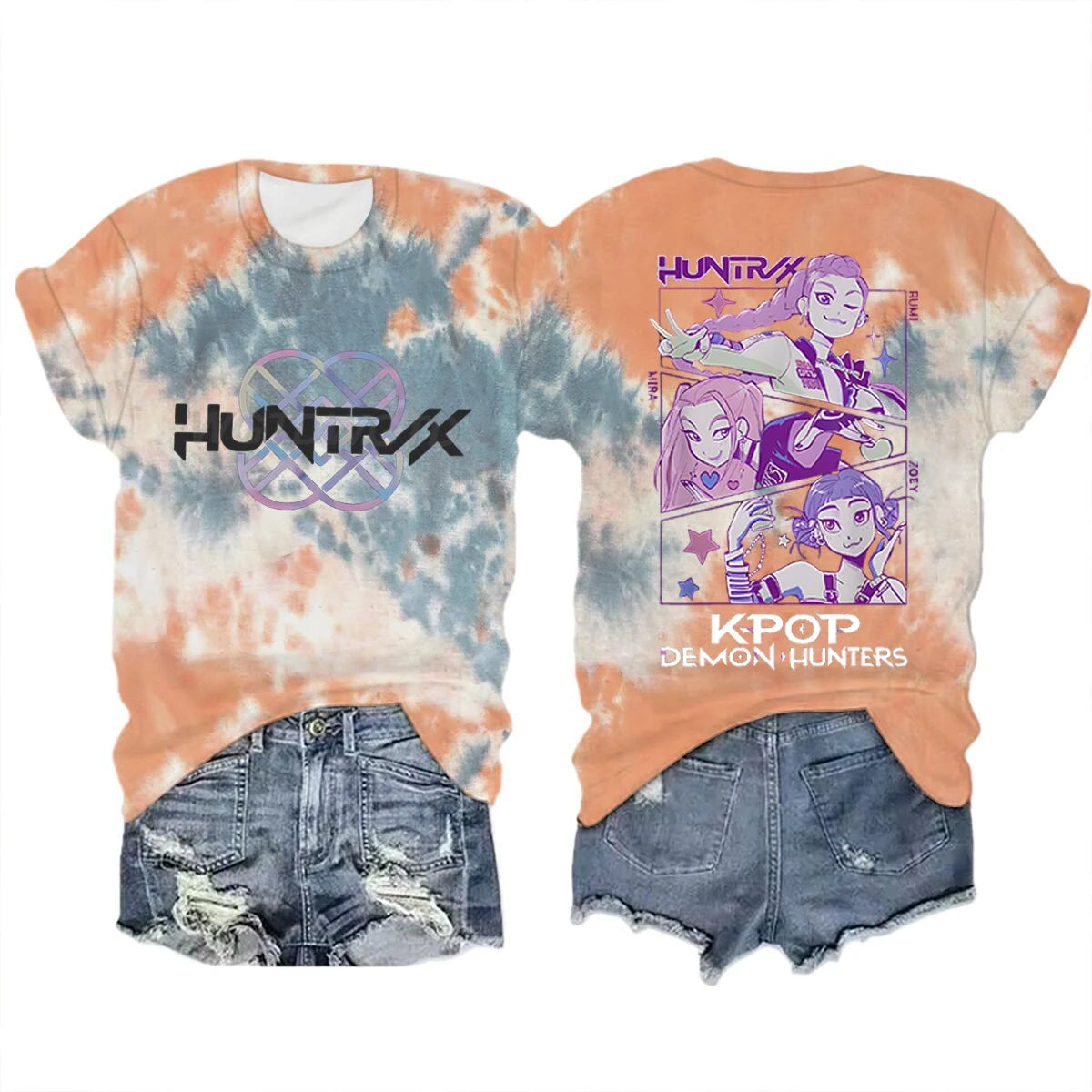 Anime K-Pop Demon Hunters T-shirt Tops Tie-dye Men's Women's Clothing Round Neck Short Sleeve T-shirt Street Style T-shirts