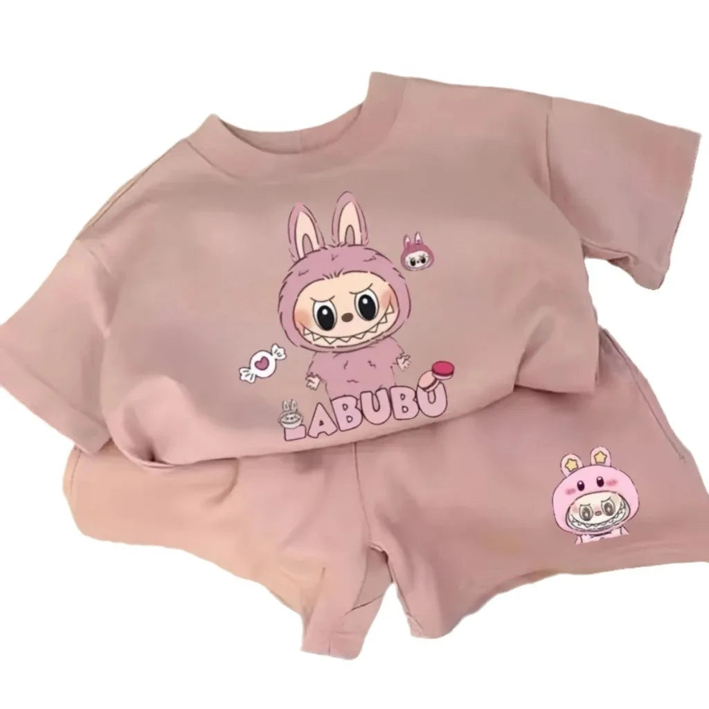 Children's Cartoon Short-Sleeved Suit Summer New T-Shirt Shorts Two-Piece Set in Small Children Loose Fashion Sports Suit