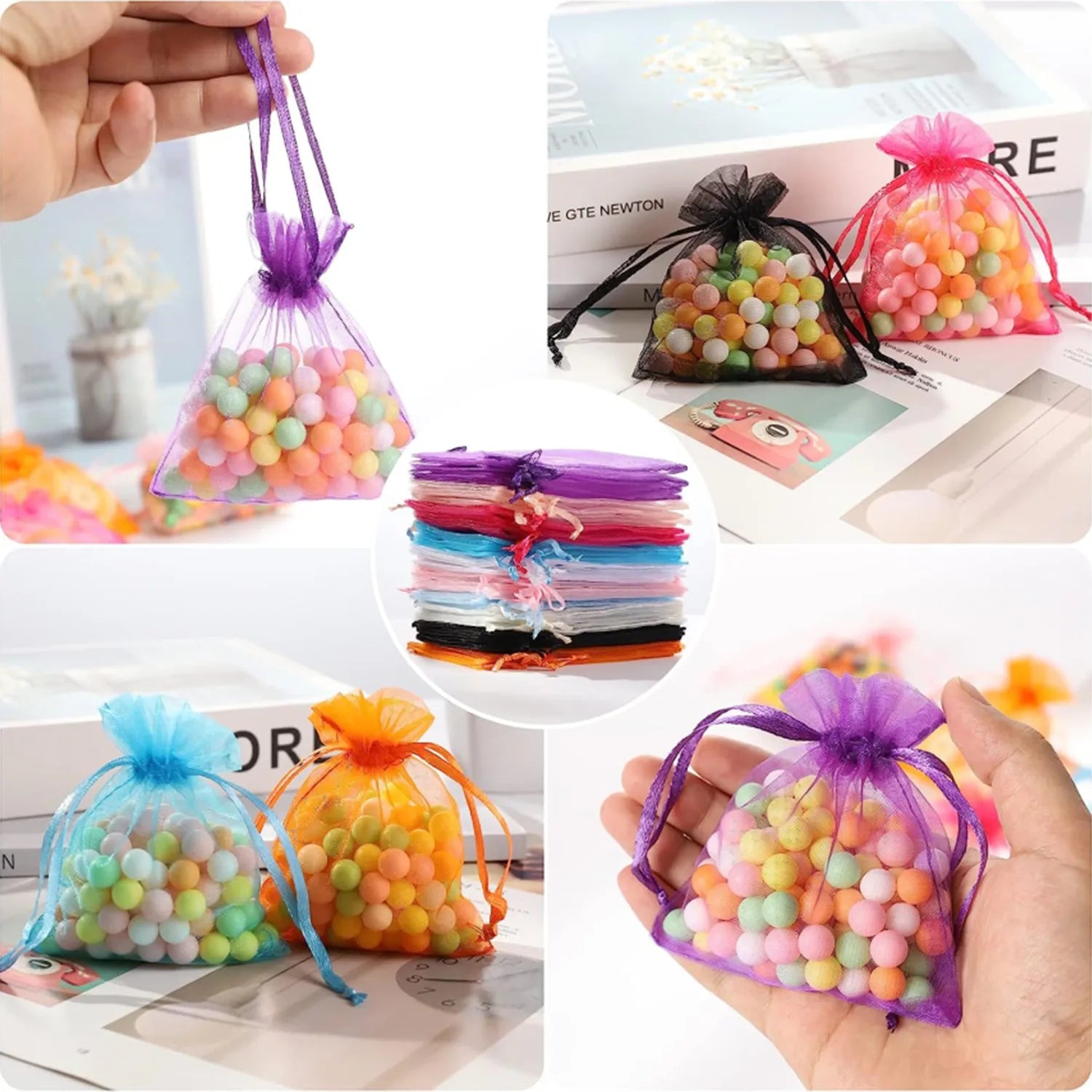 100PCS Organza Bags Random Mesh Organza Jewelry Bags Drawstring, Small Drawstring Favor Pouches Christmas Candy Wedding Birthday