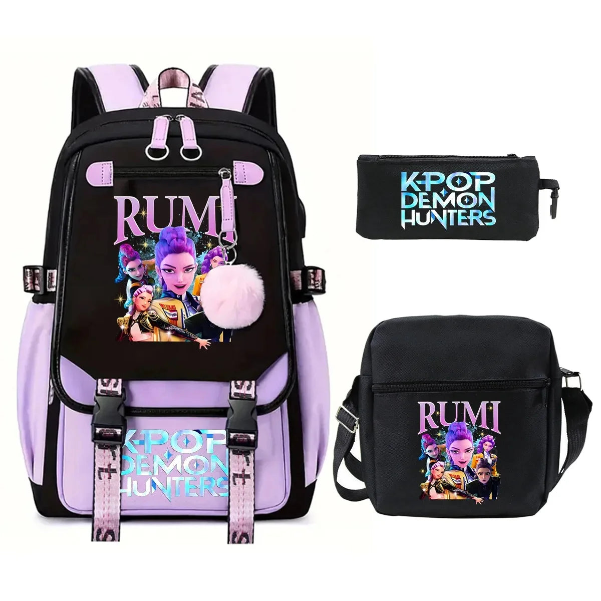 KPop Demon Hunters Student Backpack Single Shoulder Bag Casual Pencil Case Three Piece Set Oxford Cloth Unisex Backpack