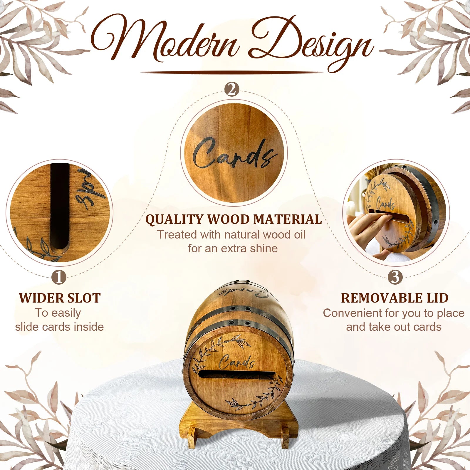 OurWarm Wooden wedding card box with base, brown whiskey barrel gift card box, suitable for graduation ceremony, baby shower