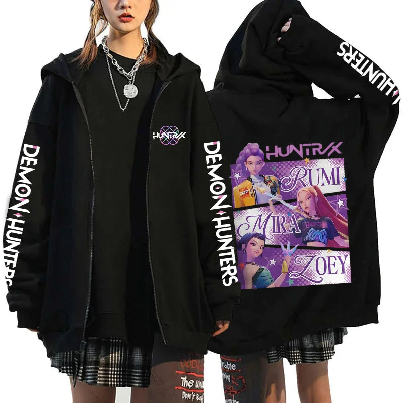 Hot Kpop Demon Hunters Mira Rumi Zoey Print Hoodie Fashion Harajuku Zipper Hoodies Women Men Sweatshirt Long Sleeve Casual Tops