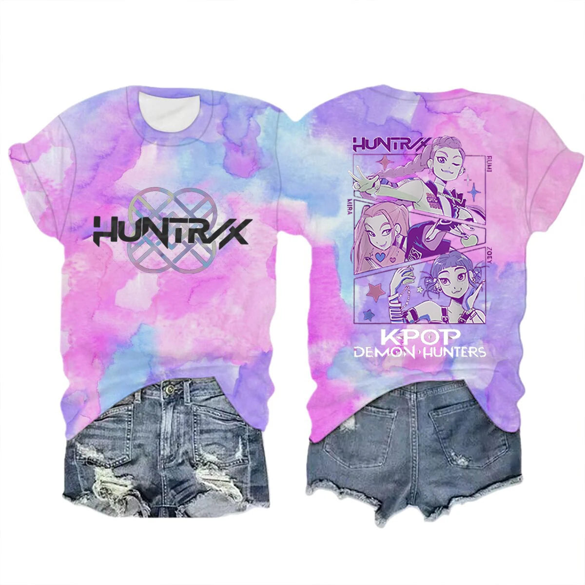 Anime K-Pop Demon Hunters T-shirt Tops Tie-dye Men's Women's Clothing Round Neck Short Sleeve T-shirt Street Style T-shirts