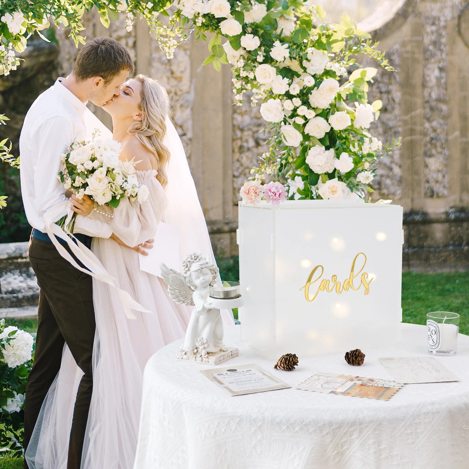 PartyWorld Acrylic Wedding Card Box Frosted Gift Box with String Light Urn Box for Wedding Reception