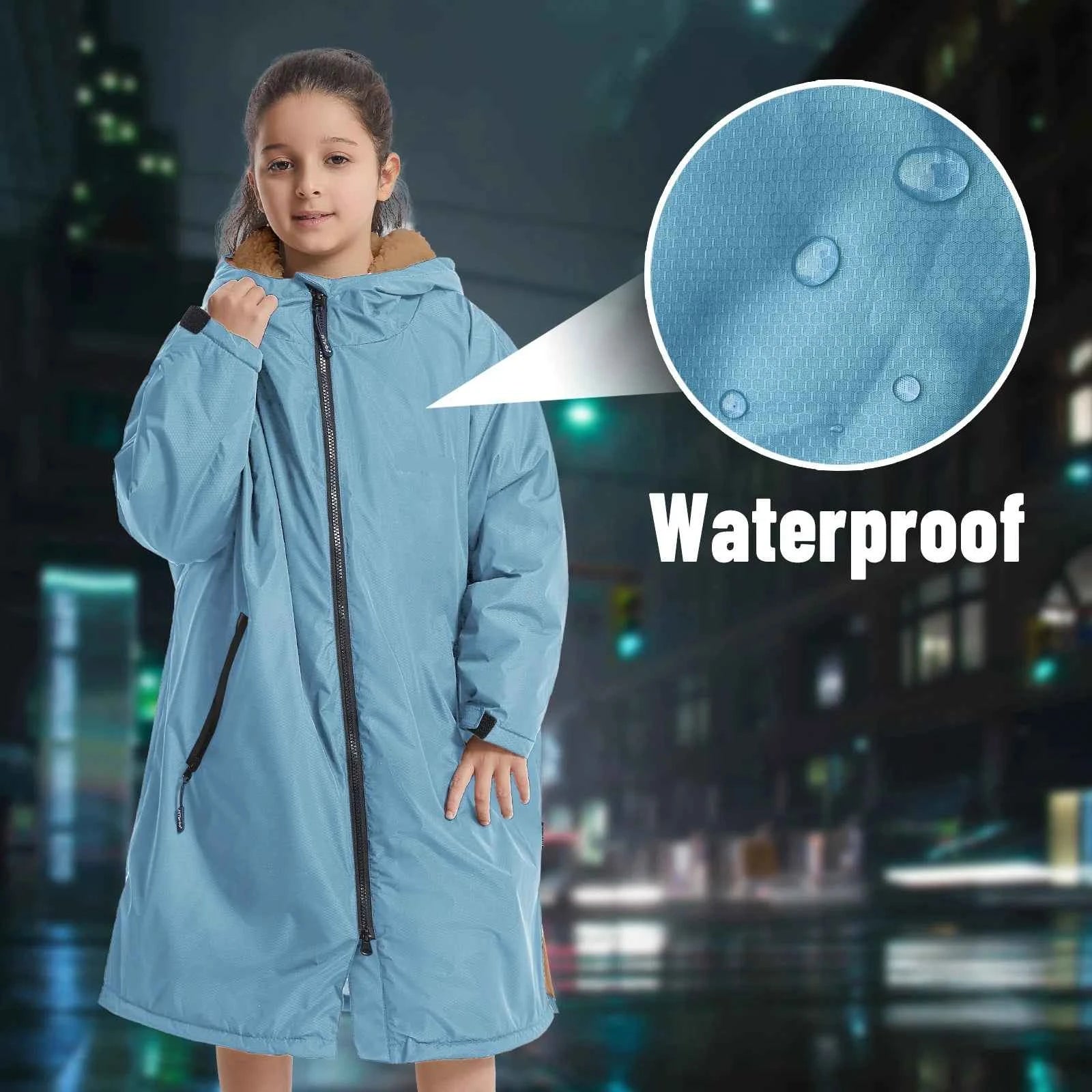 Waterproof Kids Changing Robe, Fluffy Wearable Blanket, Warm Soft Towel Hoodie , Swim Surf Poncho for 5-12 Years