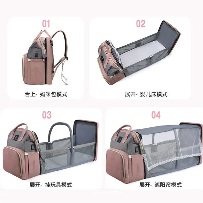 Multifunctional Mother and Baby Bag Mom Bag Bottle Backpack 2024 New Folding Sleeping Changing Bag Diaper Backpack