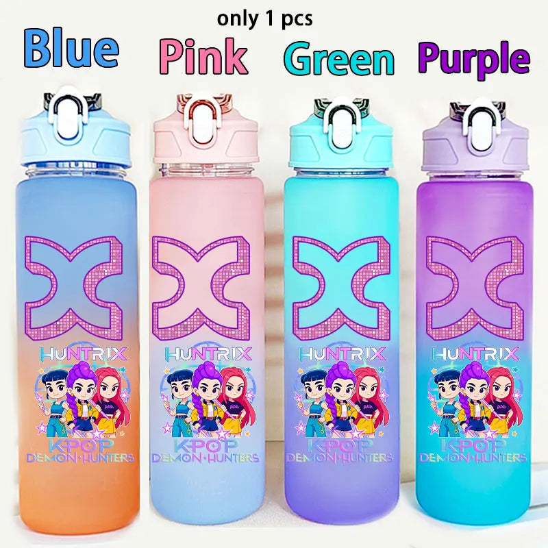 750ML Straw Plastic Water Bottle K-Pop Demon Hunters Letter Children's Anime Gradient Water Bottle Birthday Gift Rumi Mira Zoey - YourGiftIdeasUK