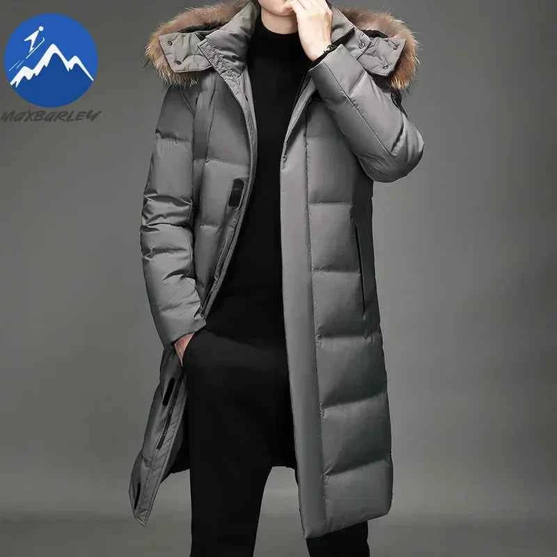 Luxury Long Down Jacket Men's Winter Korean Style Detachable Fur Collar Cap White Duck Down Warm Coat Brand Lightweight Parka