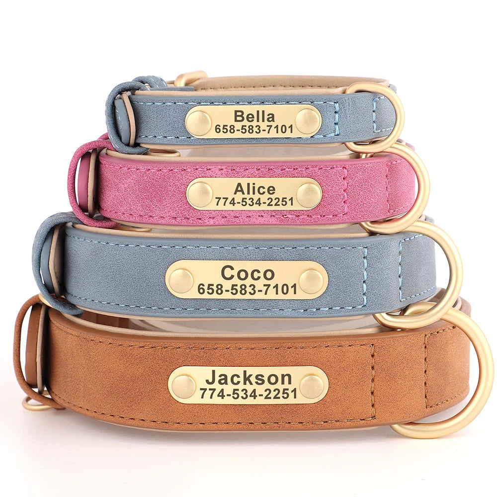 Engraved Leather Dog Collar - Custom ID Tag