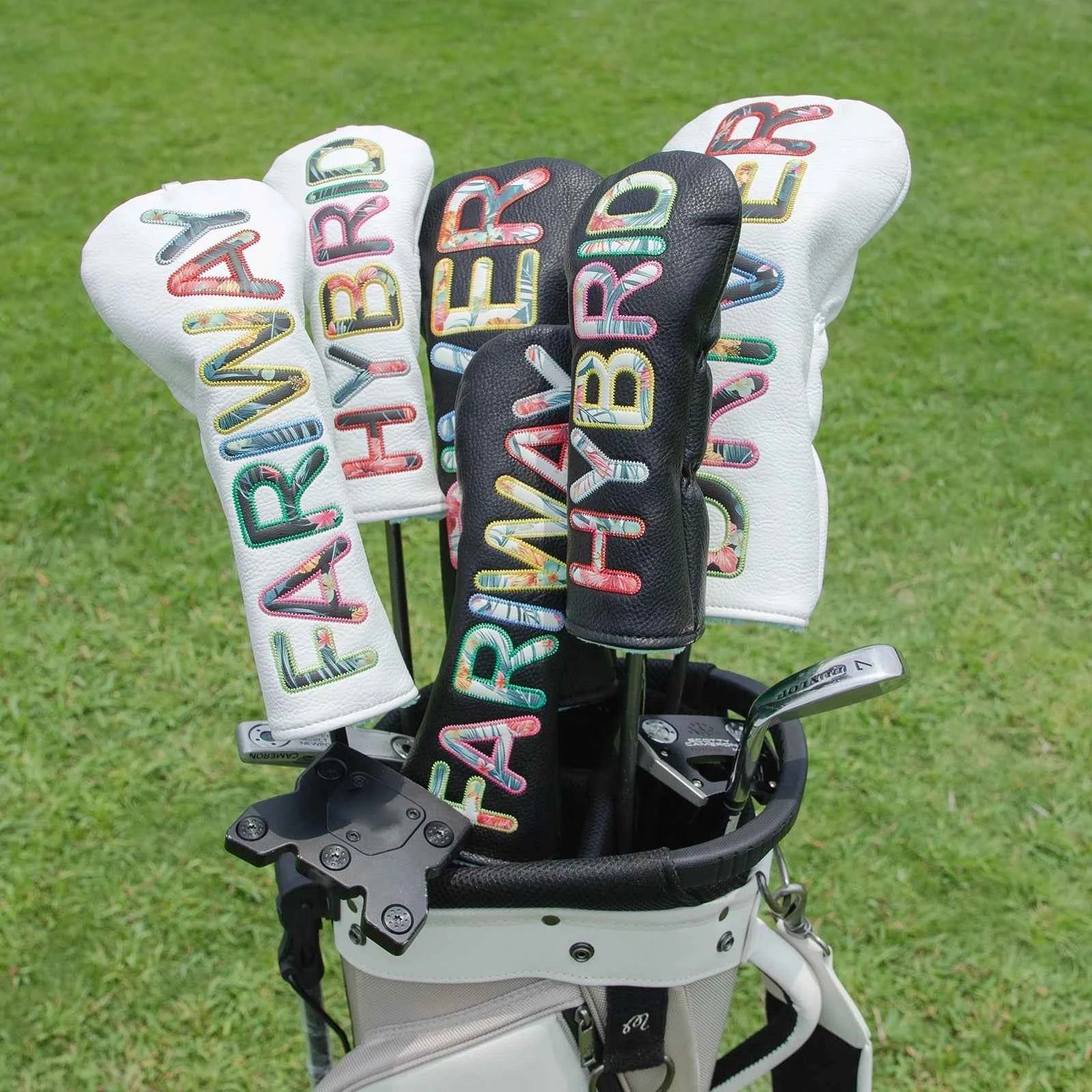 White Premium Leather Golf Head Cover Elegant Embroidery High Quality Golf Club Driver Head Covers  Fariway Wood Covers Hybrid