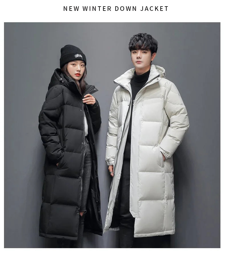 Men's Winter Long Down Jacket Brand Trendy Solid Color Hooded White Duck Down Parka Women Outdoor Ski Clothes Lightweight Coat
