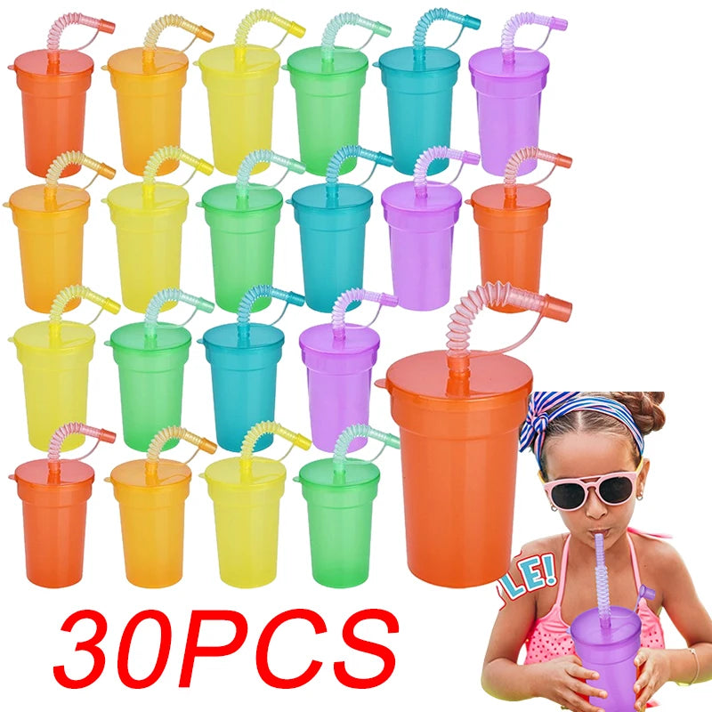 1-30PCS Neon Sipper Cups - Colorful Spill-Proof Cups with Lids and Straws - Ideal for School Events, Themed Parties and Birthda