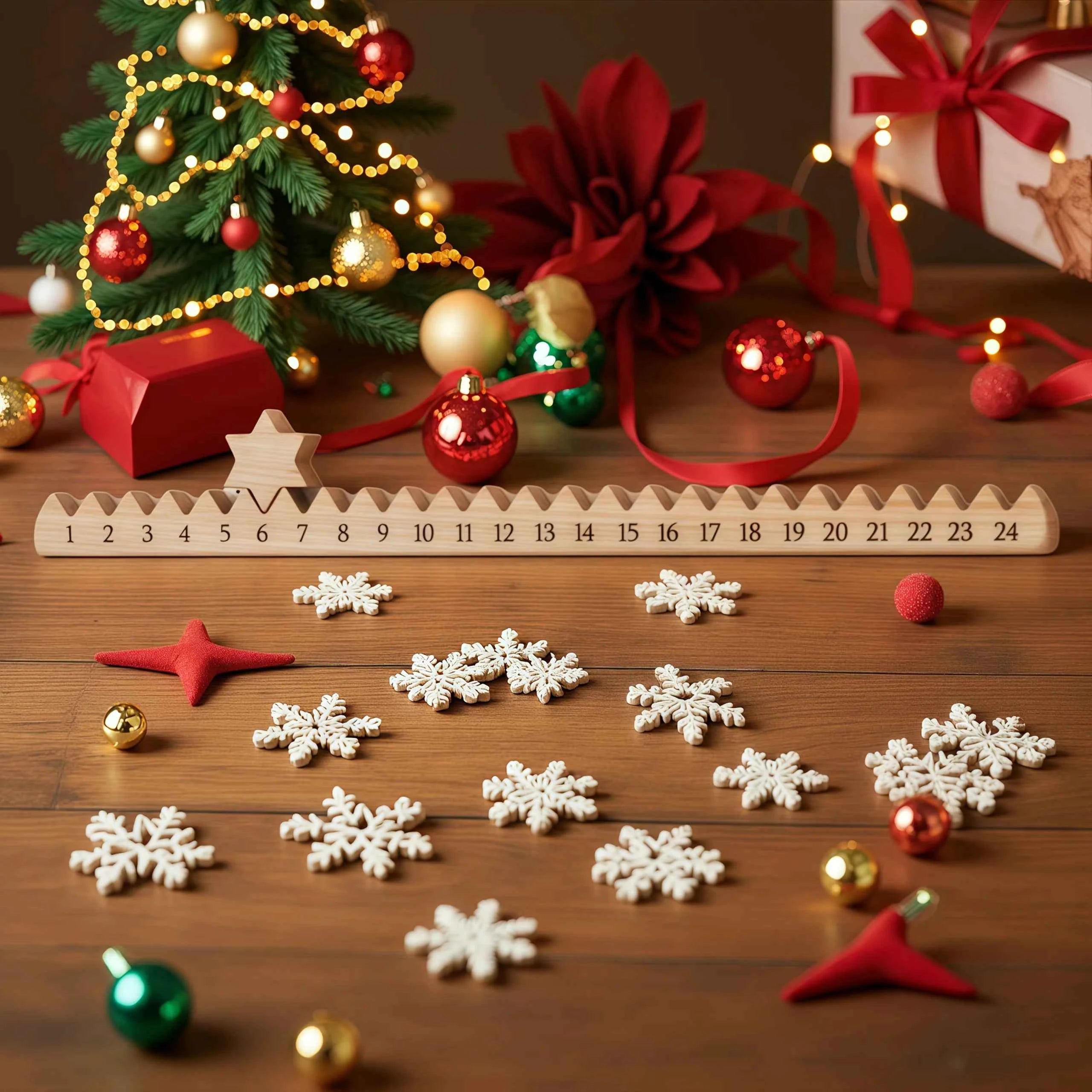 Wooden Christmas Countdown Calendar with Stars- Artificial Wood Advent Calendar for Home & Family,Christmas Gift,Christmas Decor