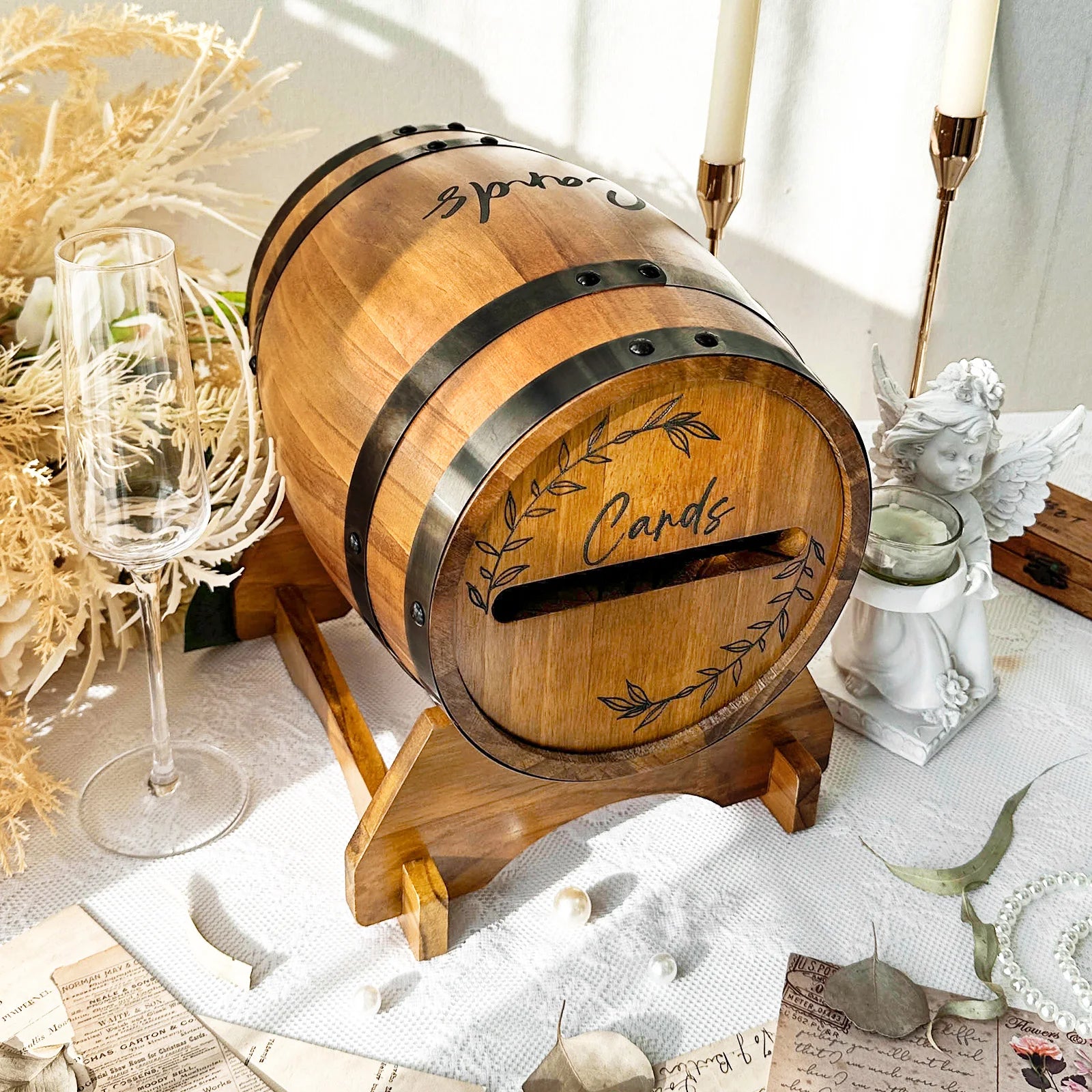 OurWarm Wooden wedding card box with base, brown whiskey barrel gift card box, suitable for graduation ceremony, baby shower
