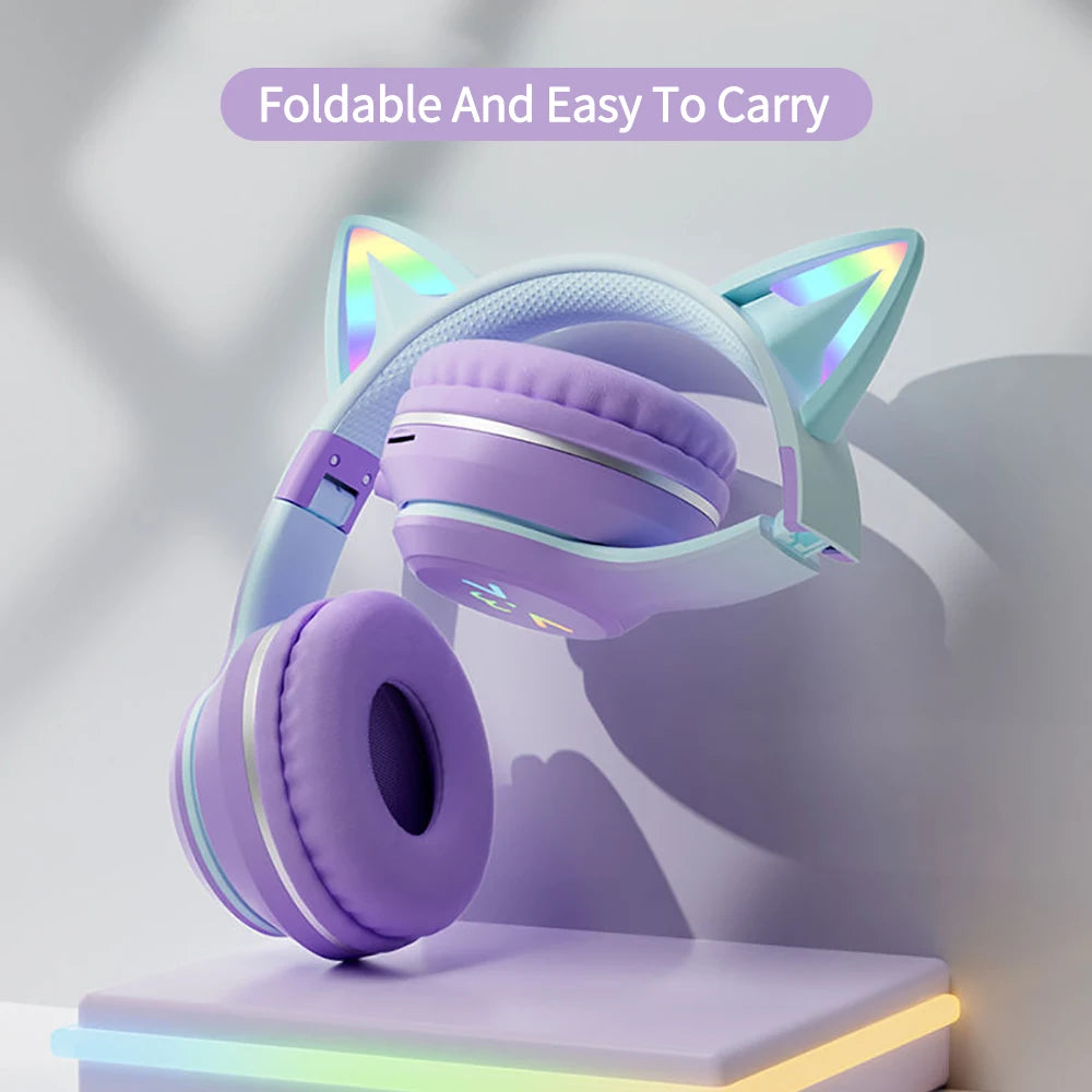 RGB Cat Ear Wireless Headphones Glow with Microphone Stereo Music Sport Headset Gaming Headphones For Kids Girls Gifts - YourGiftIdeasUK