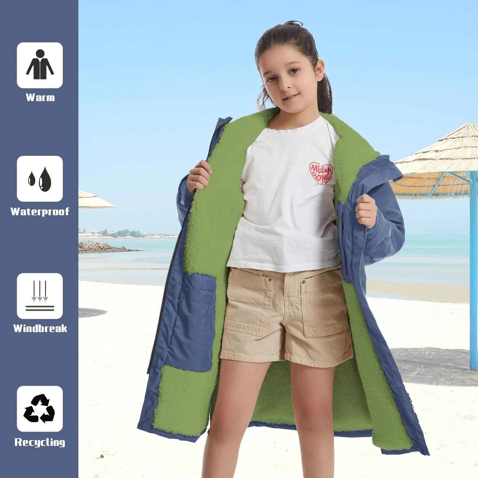 Waterproof Kids Changing Robe, Fluffy Wearable Blanket, Warm Soft Towel Hoodie , Swim Surf Poncho for 5-12 Years