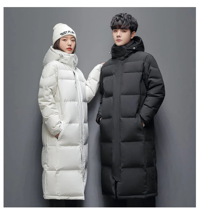 Men's Winter Long Down Jacket Brand Trendy Solid Color Hooded White Duck Down Parka Women Outdoor Ski Clothes Lightweight Coat