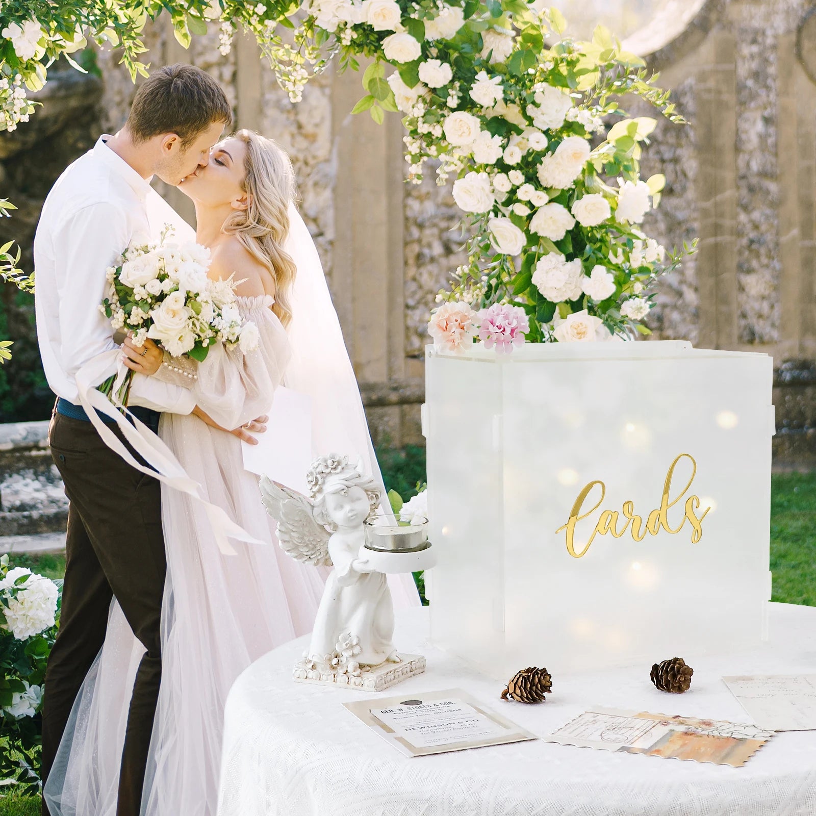 PartyWorld Acrylic Wedding Card Box Frosted Gift Box with String Light Urn Box for Wedding Reception