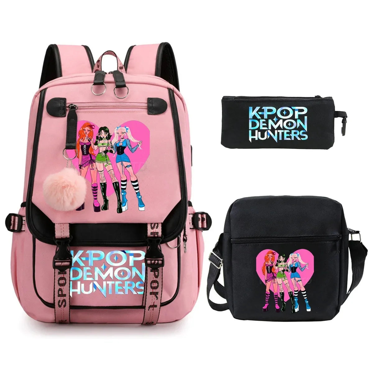KPop Demon Hunters Student Backpack Single Shoulder Bag Casual Pencil Case Three Piece Set Oxford Cloth Unisex Backpack