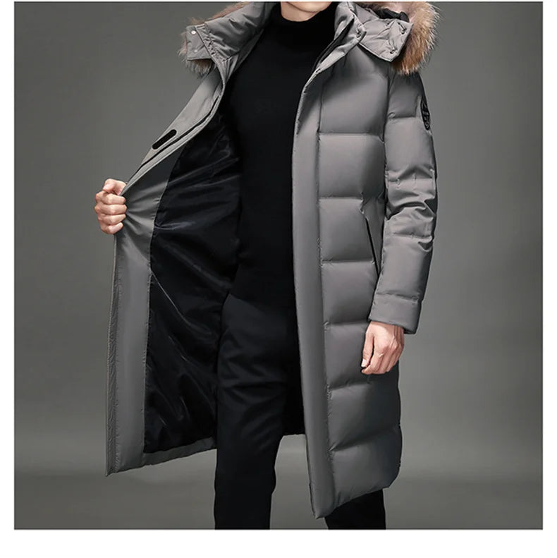 Luxury Long Down Jacket Men's Winter Korean Style Detachable Fur Collar Cap White Duck Down Warm Coat Brand Lightweight Parka