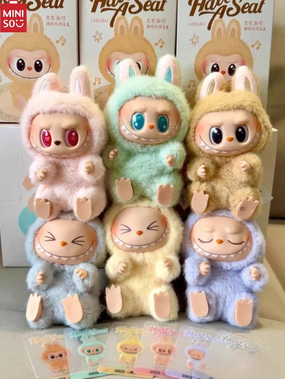 MINISO Blind Box Vinyl Doll 2nd LABUBV2Generation New Collection Have a Plush Doll Seat Figurine Keychain Pendant