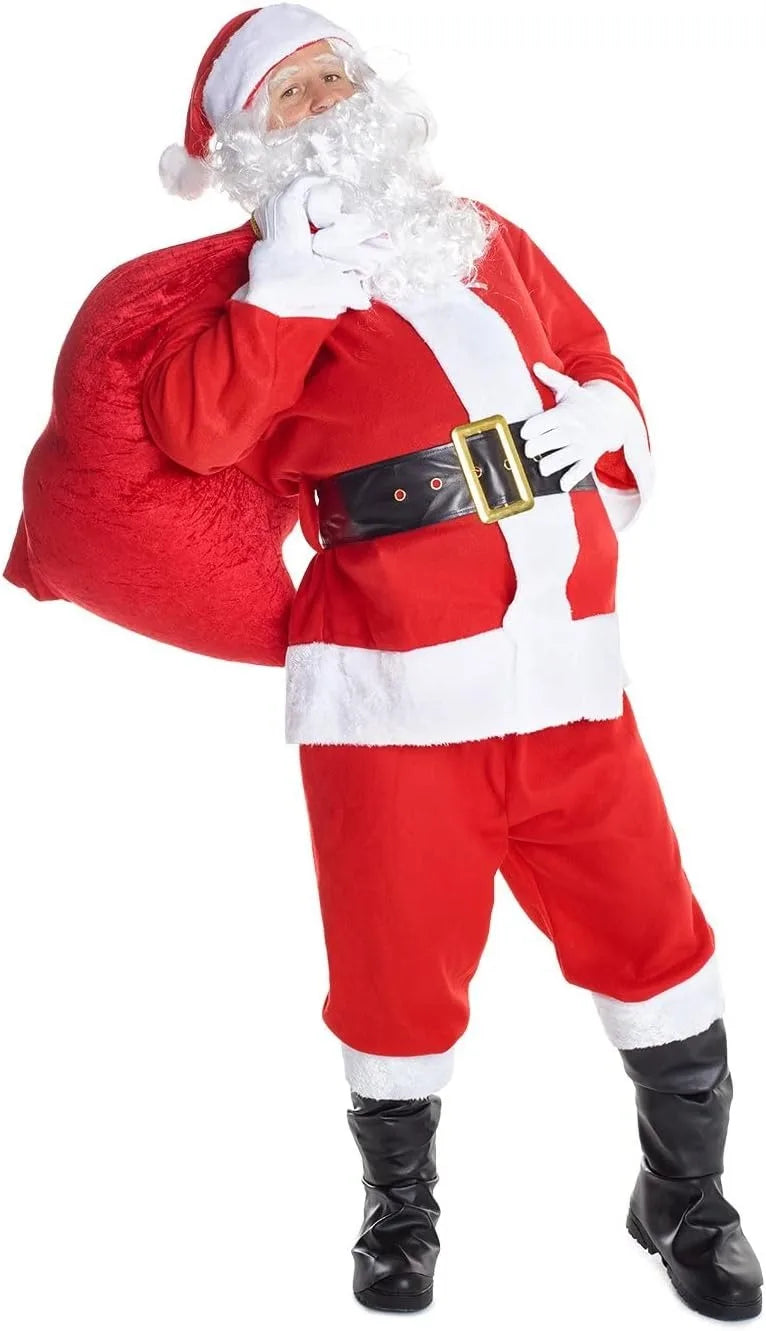 Christmas Santa Claus Costume Men's Luxurious Long Plush Gold Velvet Set Red Gift Bag Set of 8 Pieces