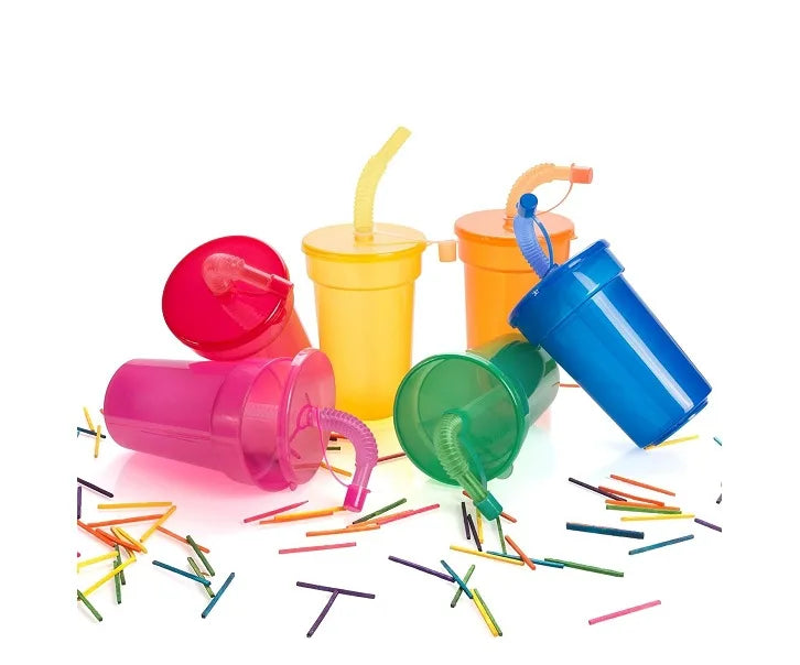 1-30PCS Neon Sipper Cups - Colorful Spill-Proof Cups with Lids and Straws - Ideal for School Events, Themed Parties and Birthda