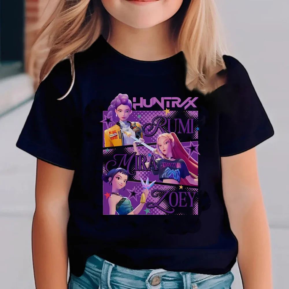 KPop Demon Hunters T-shirts for Children Anime Cartoon Short Sleeved Shirt Boys Girls Summer Fashion Top Kids Clothes Gifts