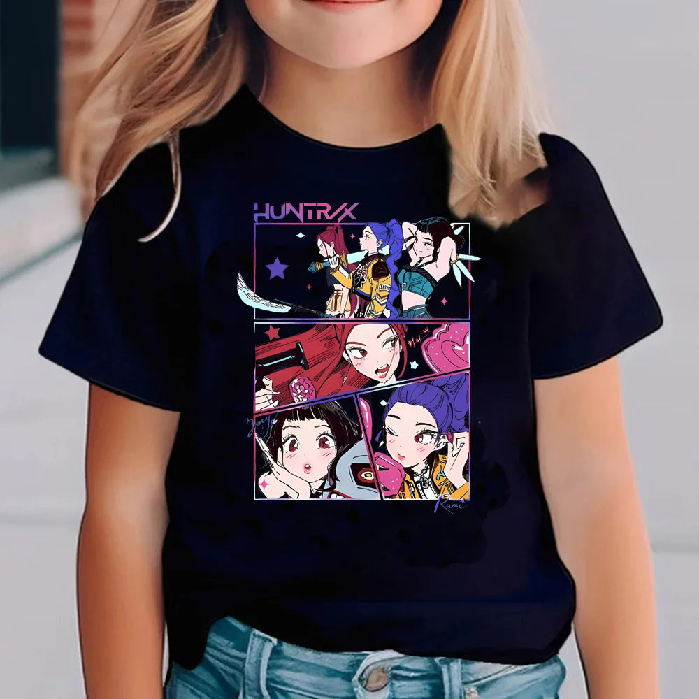 KPop Demon Hunters T-shirts for Children Anime Cartoon Short Sleeved Shirt Boys Girls Summer Fashion Top Kids Clothes Gifts