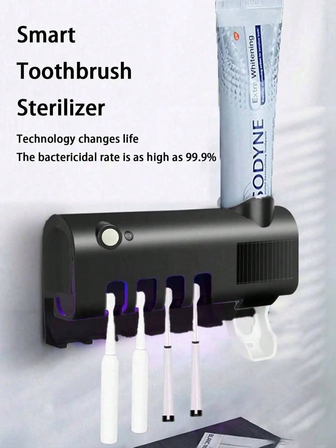 Wall Mounted Intelligent ToothBrush Sterilizer, UV Free, Solar Powered Cleaner, With Automatic Tooth paste Dispenser