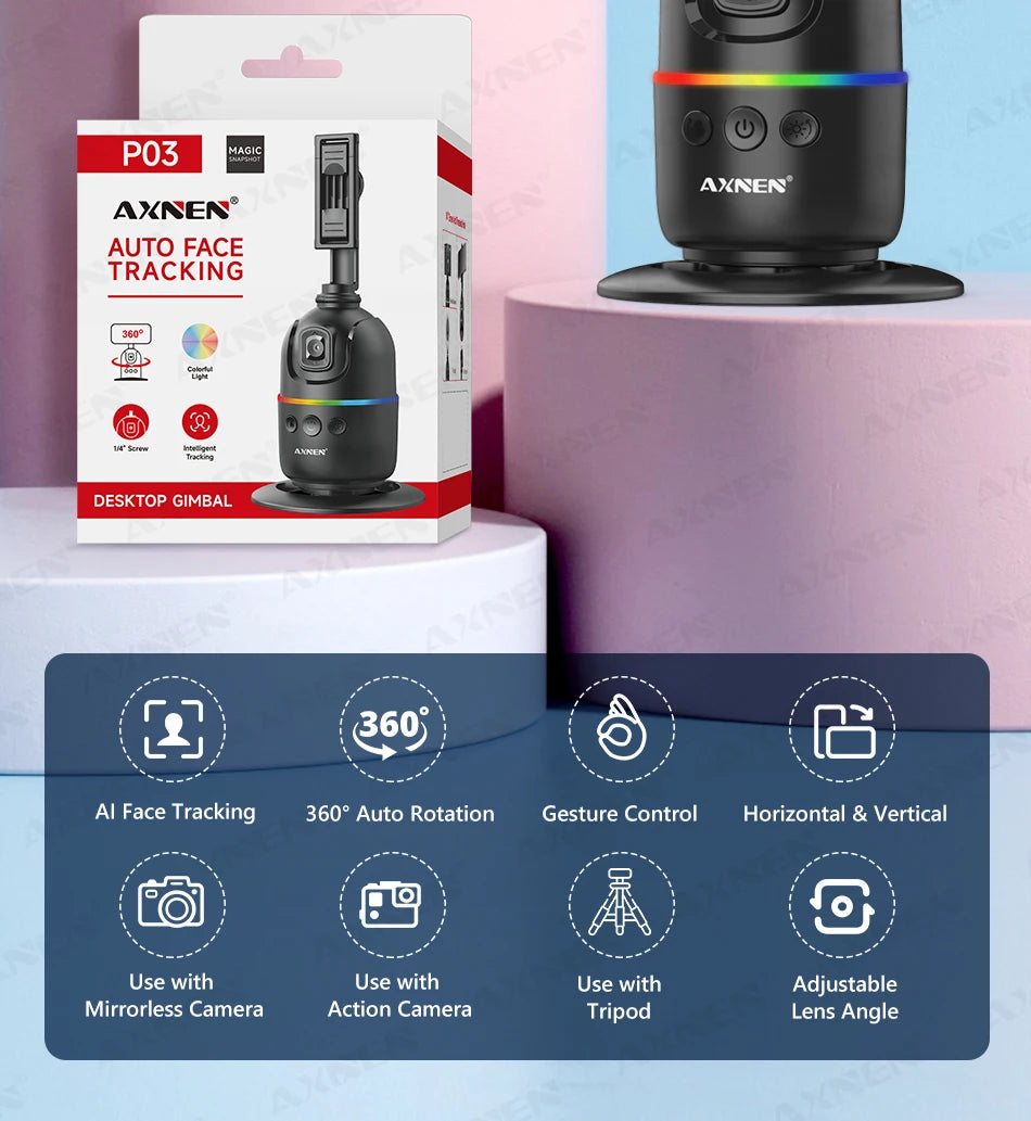 Smart Auto Face Tracking Desktop AI Gimbal for Smartphone & Action Camera 360 Rotation Follow Focus Vlog Kit, Option with Tripod