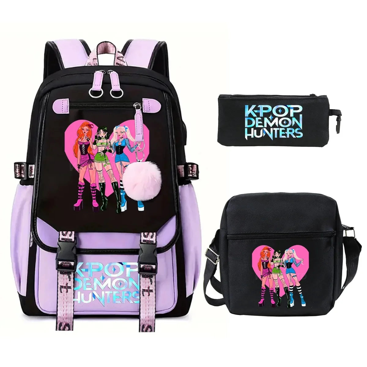 KPop Demon Hunters Student Backpack Single Shoulder Bag Casual Pencil Case Three Piece Set Oxford Cloth Unisex Backpack