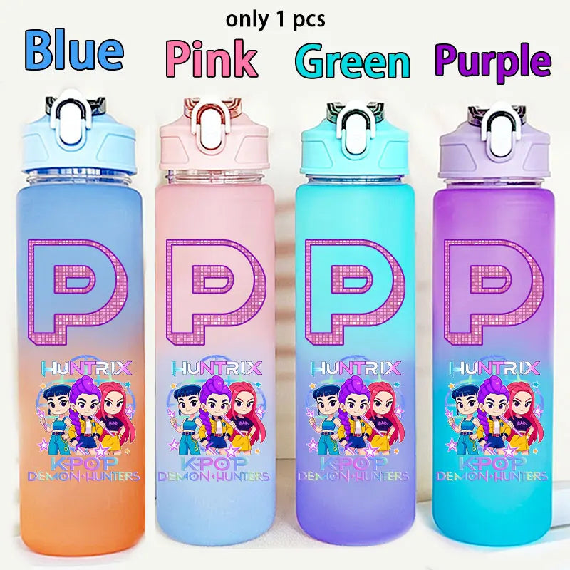 750ML Straw Plastic Water Bottle K-Pop Demon Hunters Letter Children's Anime Gradient Water Bottle Birthday Gift Rumi Mira Zoey - YourGiftIdeasUK