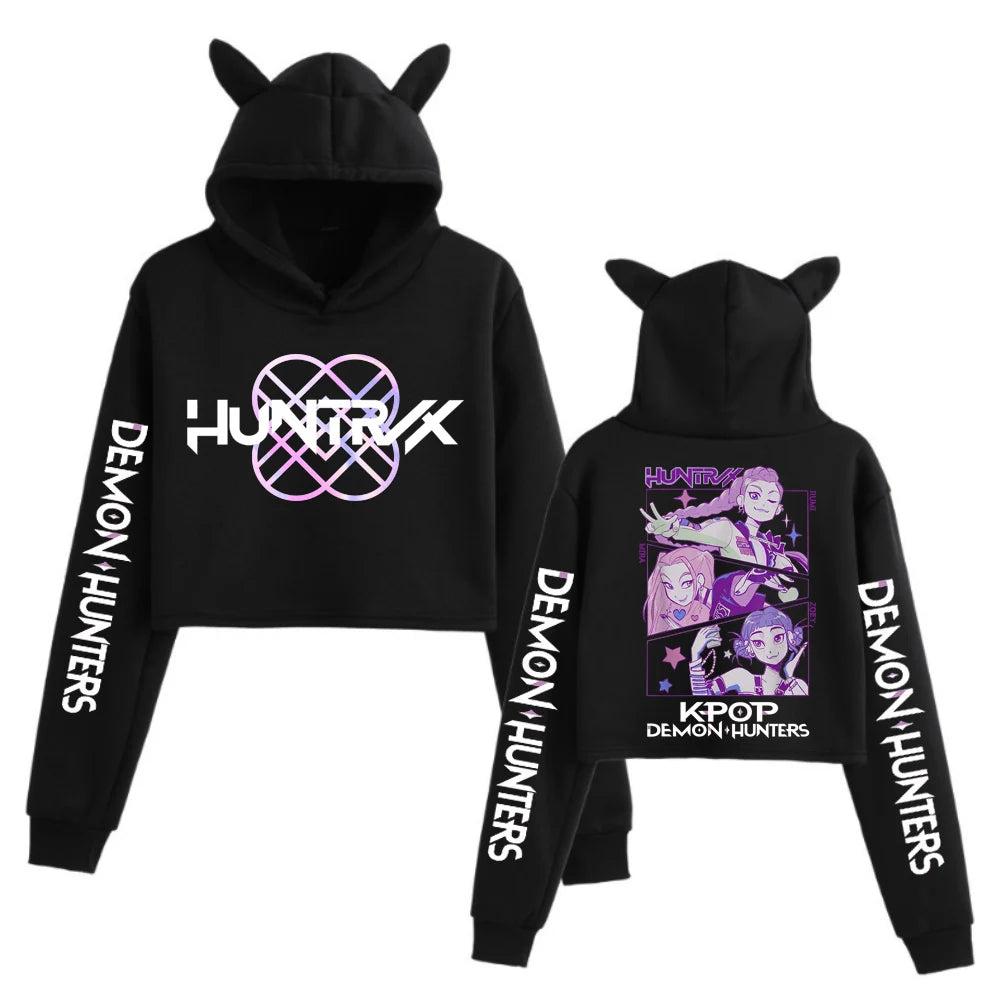 Kpop Demon Hunters Crop Tops Cat Ears Sweatshirt Long Sleeve Girls Fashion Hoodie