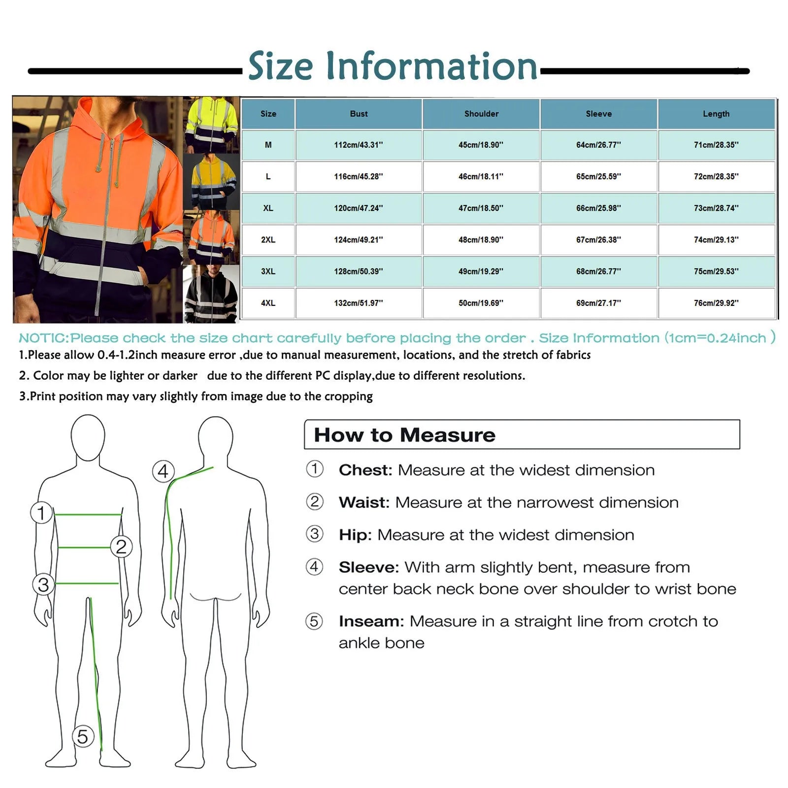 Men Reflective Stripe Hoodie Sweatshirt Long Sleeve Fitting Zipper Hooded Pullover Sanitation Workers Work Clothes Sweatshirt