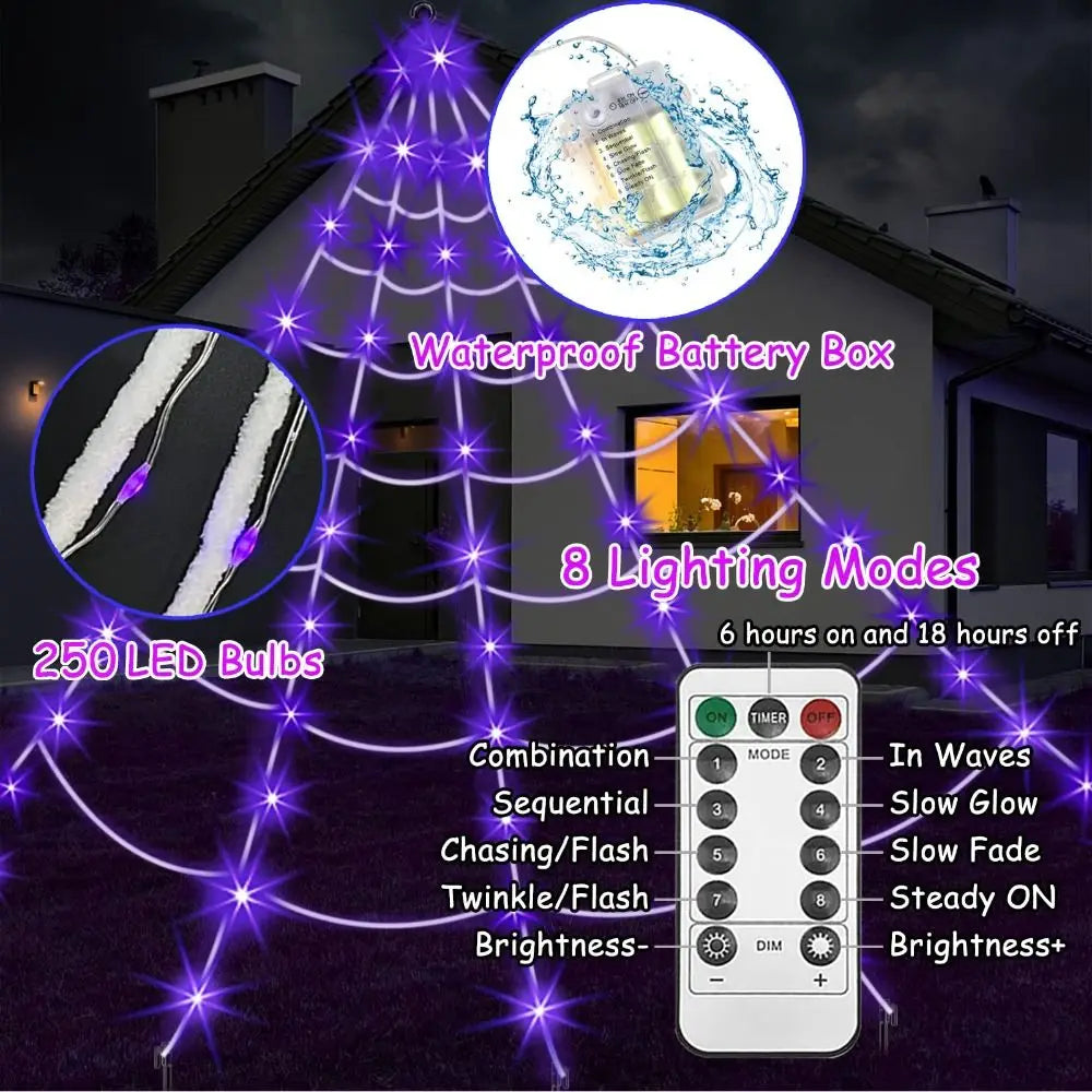 8 Modes Halloween Spider Web Lights Waterproof Glow LED Spider Net 5m Triangle Luminous Halloween Spider Indoor Outdoor - YourGiftIdeasUK