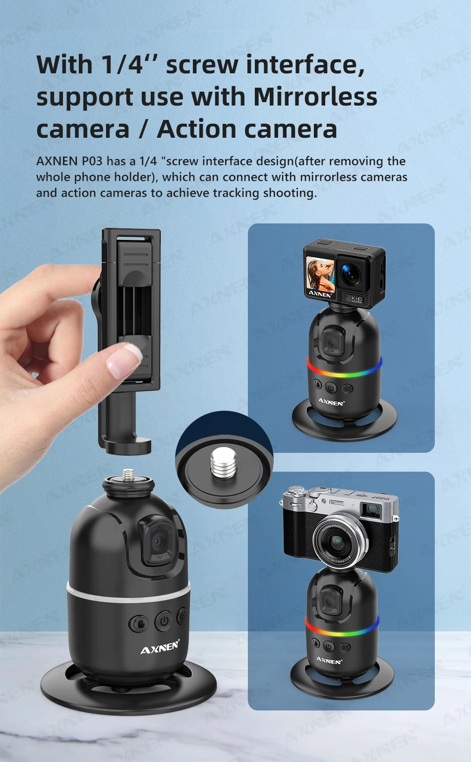 Smart Auto Face Tracking Desktop AI Gimbal for Smartphone & Action Camera 360 Rotation Follow Focus Vlog Kit, Option with Tripod