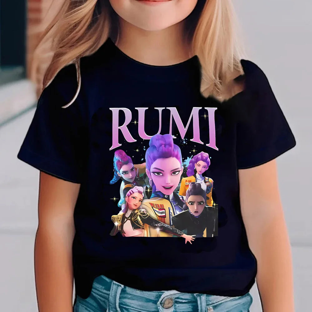KPop Demon Hunters T-shirts for Children Anime Cartoon Short Sleeved Shirt Boys Girls Summer Fashion Top Kids Clothes Gifts