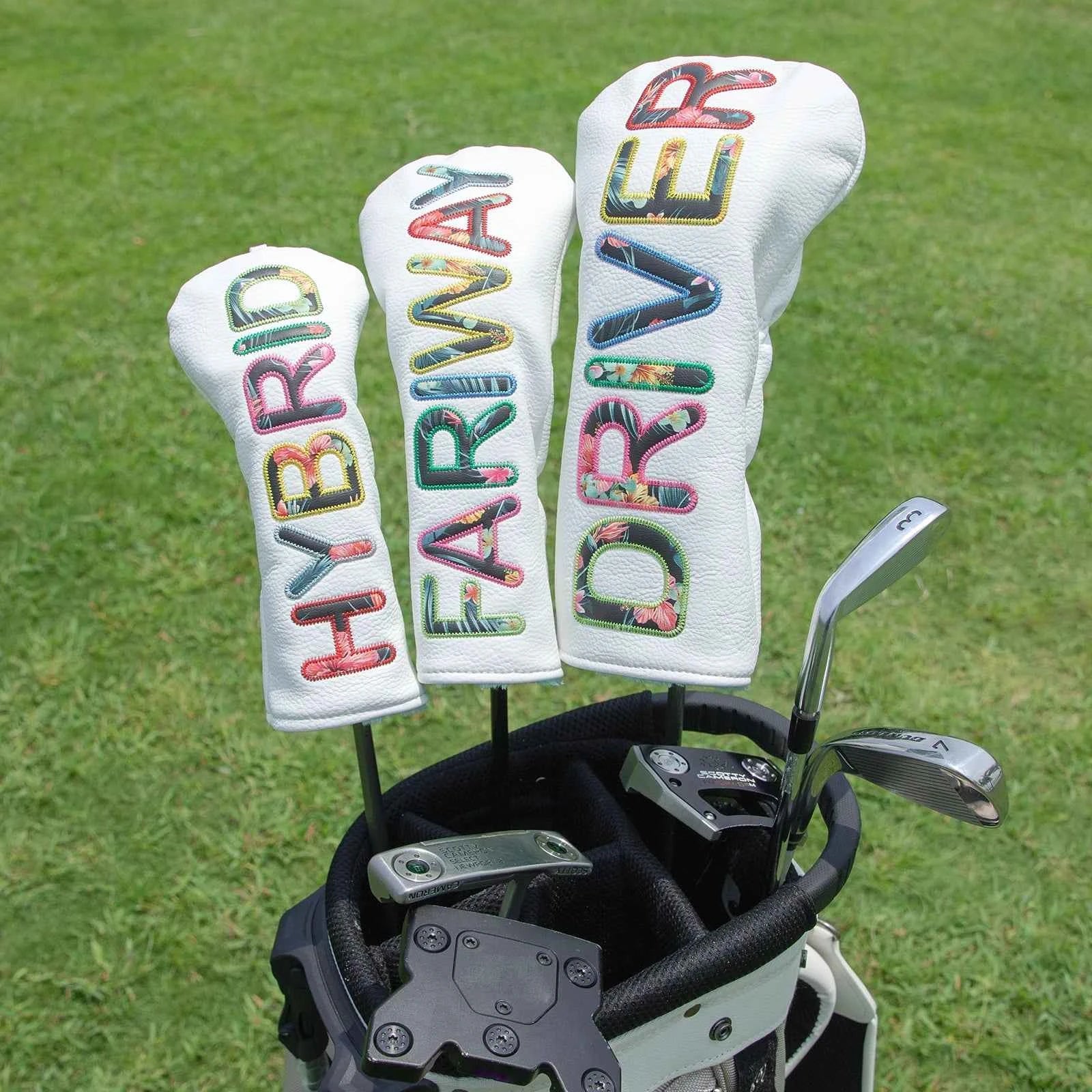White Premium Leather Golf Head Cover Elegant Embroidery High Quality Golf Club Driver Head Covers  Fariway Wood Covers Hybrid