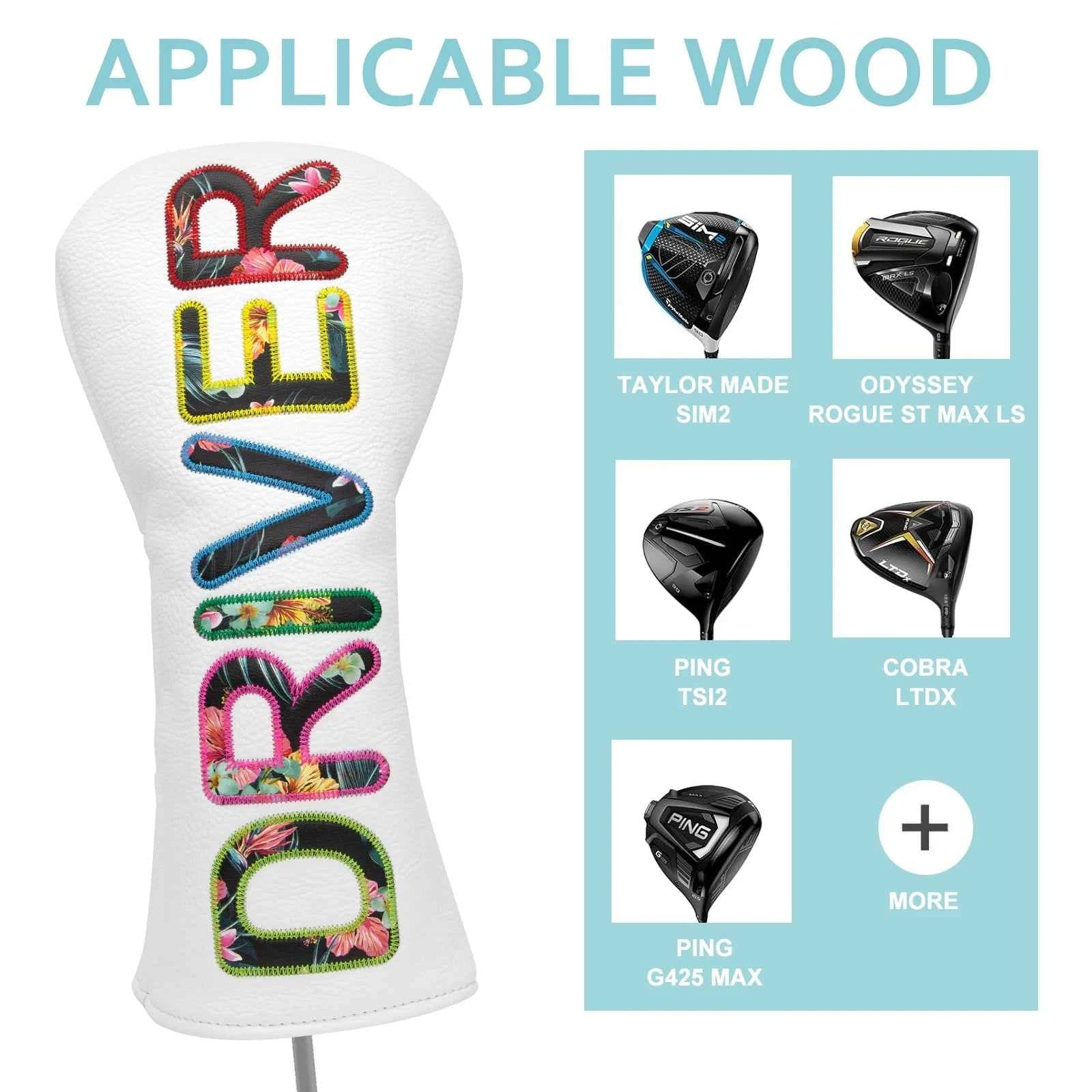 White Premium Leather Golf Head Cover Elegant Embroidery High Quality Golf Club Driver Head Covers  Fariway Wood Covers Hybrid