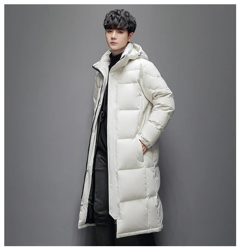 Men's Winter Long Down Jacket Brand Trendy Solid Color Hooded White Duck Down Parka Women Outdoor Ski Clothes Lightweight Coat